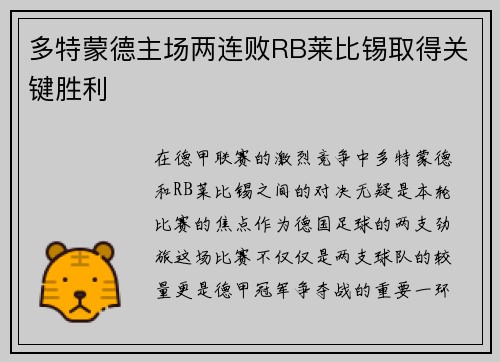 多特蒙德主场两连败RB莱比锡取得关键胜利